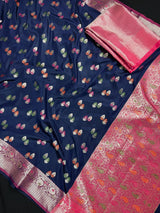 Statement Blue Color Banarasi Semi Katan Silk Saree with Meenakari and Sliver Zari Weave