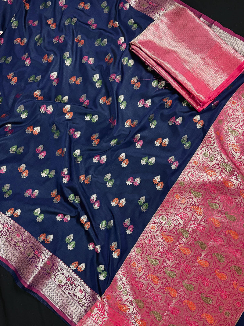 Statement Blue Color Banarasi Semi Katan Silk Saree with Meenakari and Sliver Zari Weave