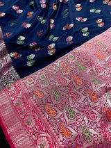 Statement Blue Color Banarasi Semi Katan Silk Saree with Meenakari and Sliver Zari Weave