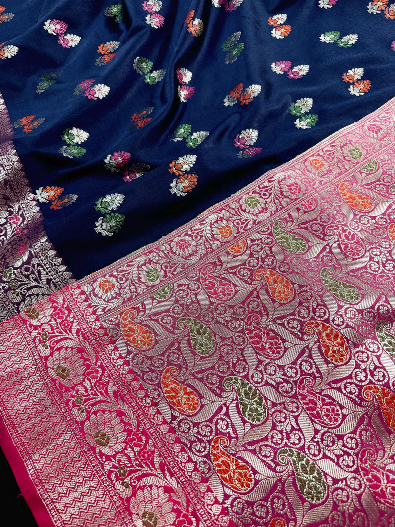 Statement Blue Color Banarasi Semi Katan Silk Saree with Meenakari and Sliver Zari Weave