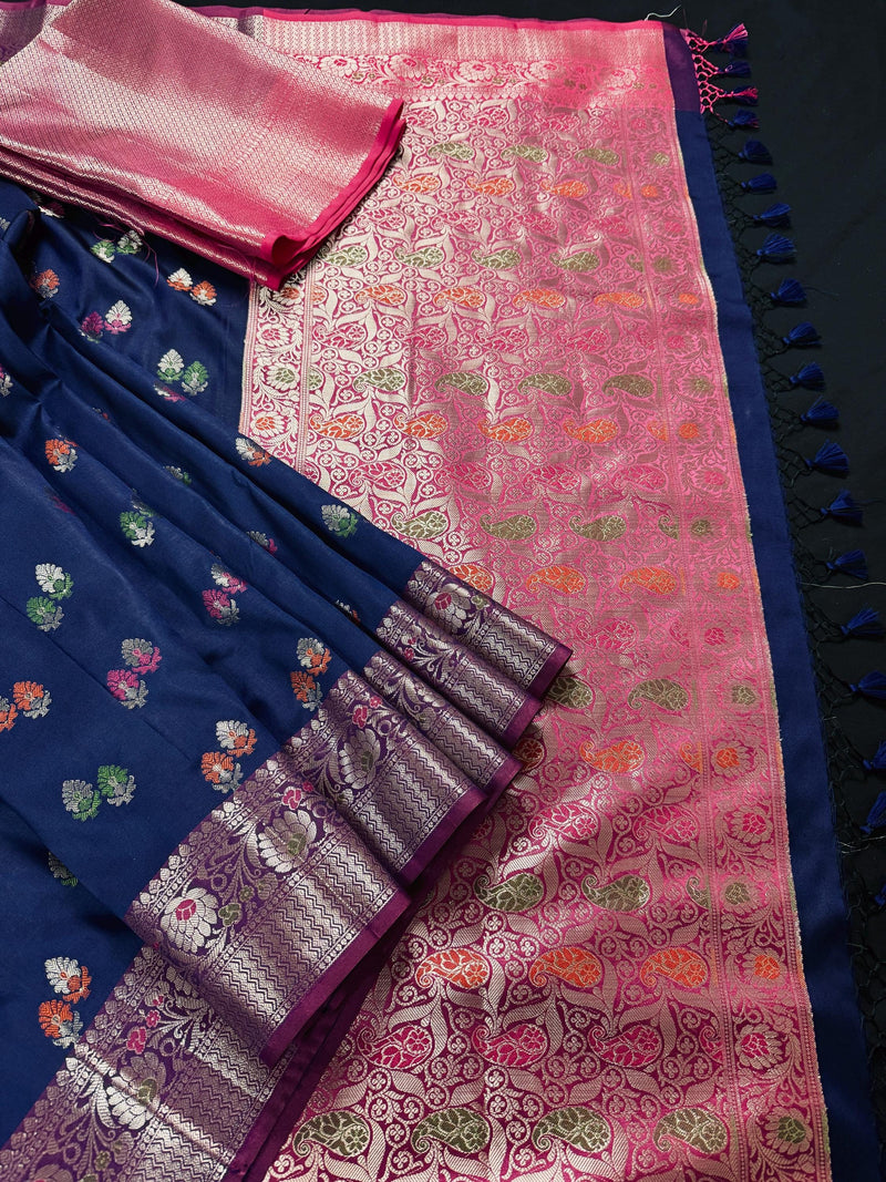 Statement Blue Color Banarasi Semi Katan Silk Saree with Meenakari and Sliver Zari Weave