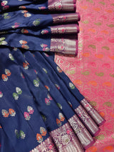 Statement Blue Color Banarasi Semi Katan Silk Saree with Meenakari and Sliver Zari Weave