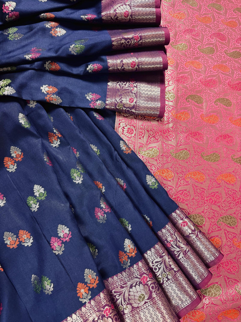 Statement Blue Color Banarasi Semi Katan Silk Saree with Meenakari and Sliver Zari Weave