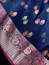 Statement Blue Color Banarasi Semi Katan Silk Saree with Meenakari and Sliver Zari Weave