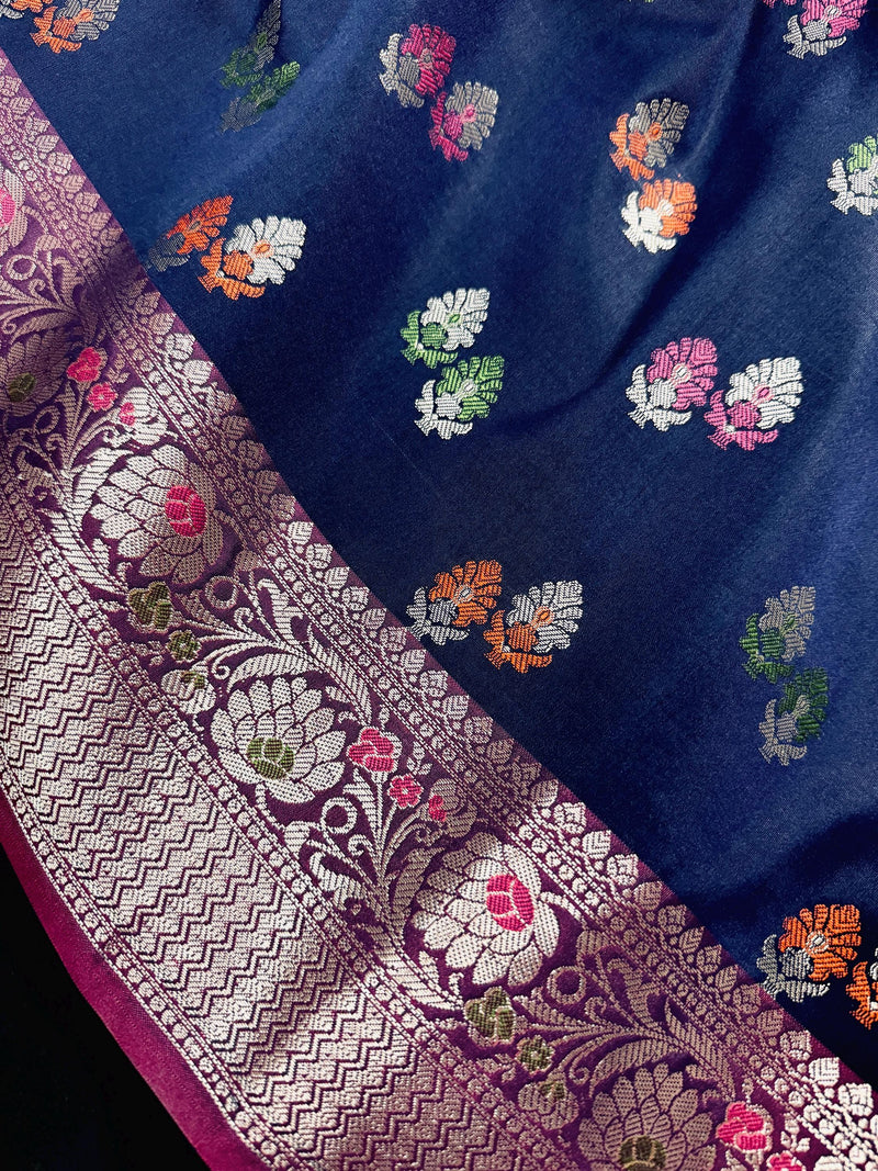 Statement Blue Color Banarasi Semi Katan Silk Saree with Meenakari and Sliver Zari Weave