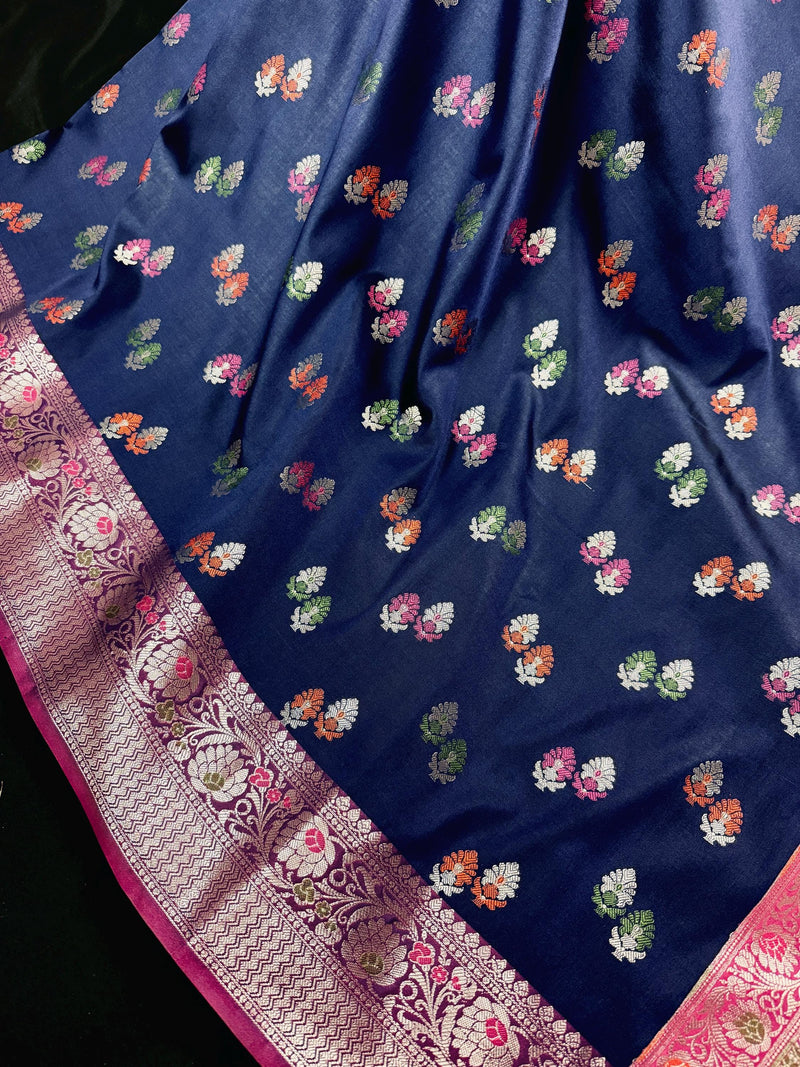 Statement Blue Color Banarasi Semi Katan Silk Saree with Meenakari and Sliver Zari Weave