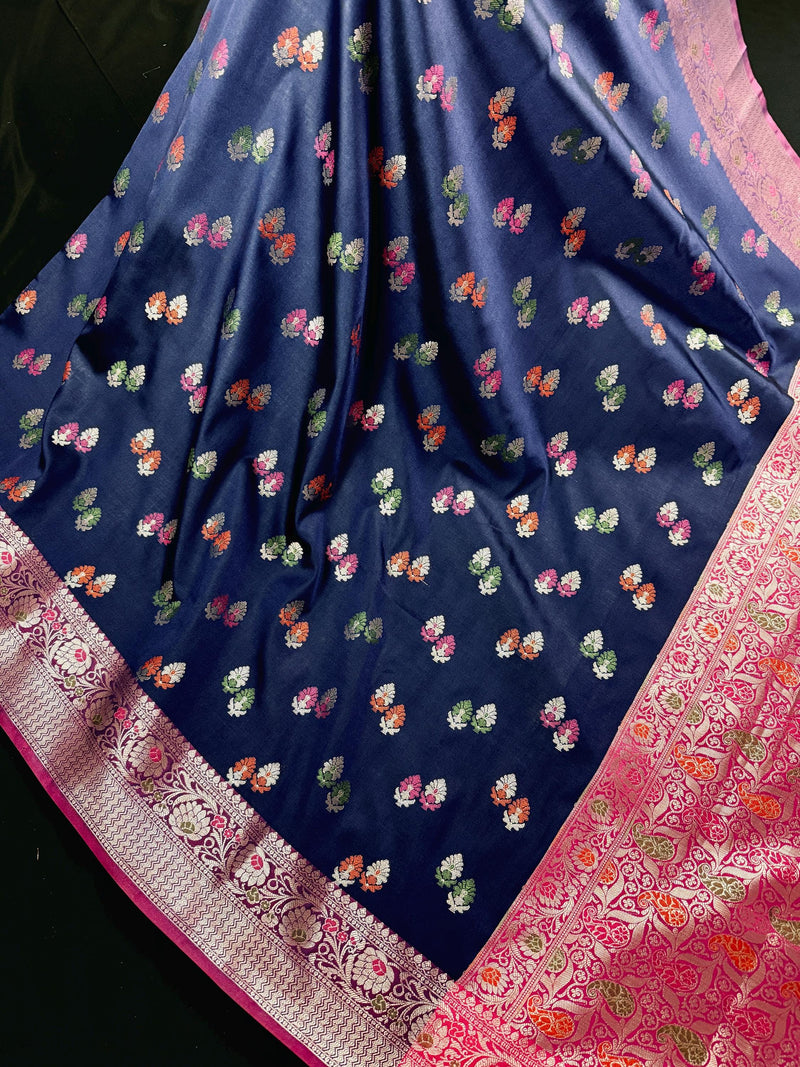 Statement Blue Color Banarasi Semi Katan Silk Saree with Meenakari and Sliver Zari Weave
