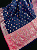 Statement Blue Color Banarasi Semi Katan Silk Saree with Meenakari and Sliver Zari Weave