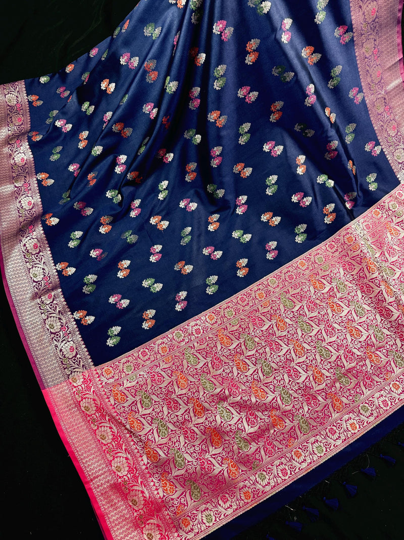 Statement Blue Color Banarasi Semi Katan Silk Saree with Meenakari and Sliver Zari Weave