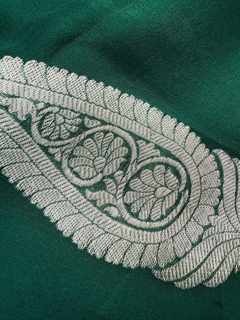 Bottle Green Pure Chiffon Silk Saree with Sliver Zari Work  | Party Wear Pure Chiffon Sarees | Silk Mark Certified