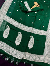 Bottle Green Pure Chiffon Silk Saree with Sliver Zari Work  | Party Wear Pure Chiffon Sarees | Silk Mark Certified