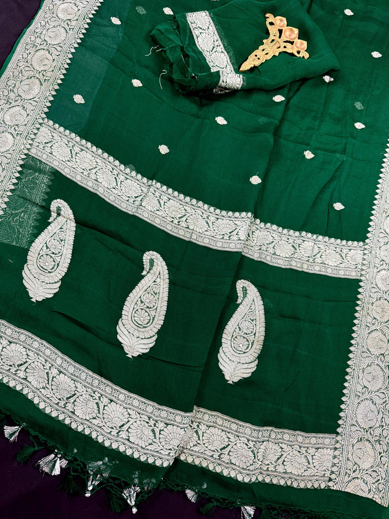 Bottle Green Pure Chiffon Silk Saree with Sliver Zari Work  | Party Wear Pure Chiffon Sarees | Silk Mark Certified