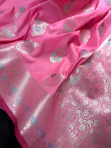 Statement Handmade Barbie Pink Color Banarasi Semi Katan Silk Saree with Meenakari and Muted Gold Zari Weave with Floral Buttas