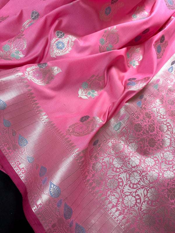 Statement Handmade Barbie Pink Color Banarasi Semi Katan Silk Saree with Meenakari and Muted Gold Zari Weave with Floral Buttas