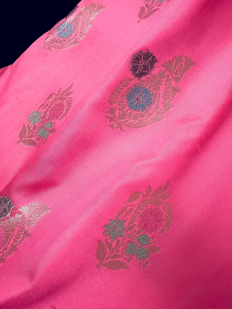 Statement Handmade Barbie Pink Color Banarasi Semi Katan Silk Saree with Meenakari and Muted Gold Zari Weave with Floral Buttas