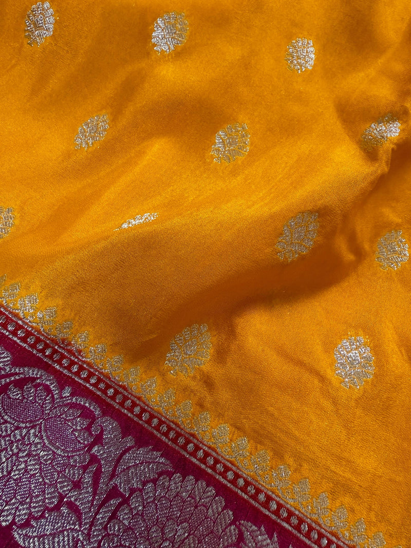 Turmeric Yellow Color Banarasi Soft with Georgette Blend Saree with Hot Pink Border and Pallu | Sliver Zari Weave