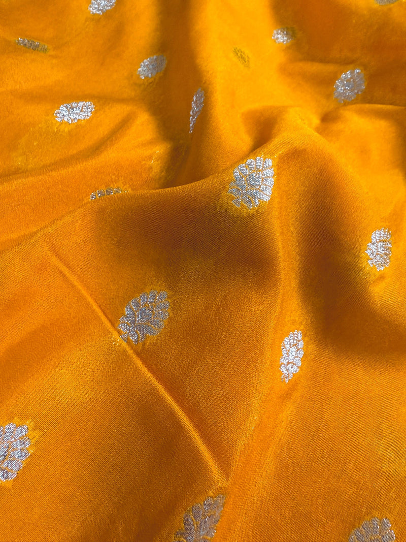 Turmeric Yellow Color Banarasi Soft with Georgette Blend Saree with Hot Pink Border and Pallu | Sliver Zari Weave