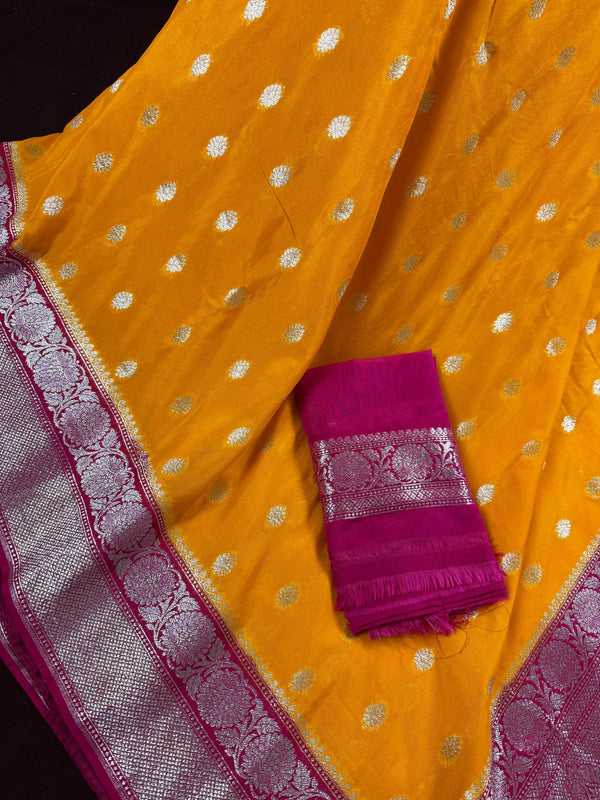 Turmeric Yellow Color Banarasi Soft with Georgette Blend Saree with Hot Pink Border and Pallu | Sliver Zari Weave