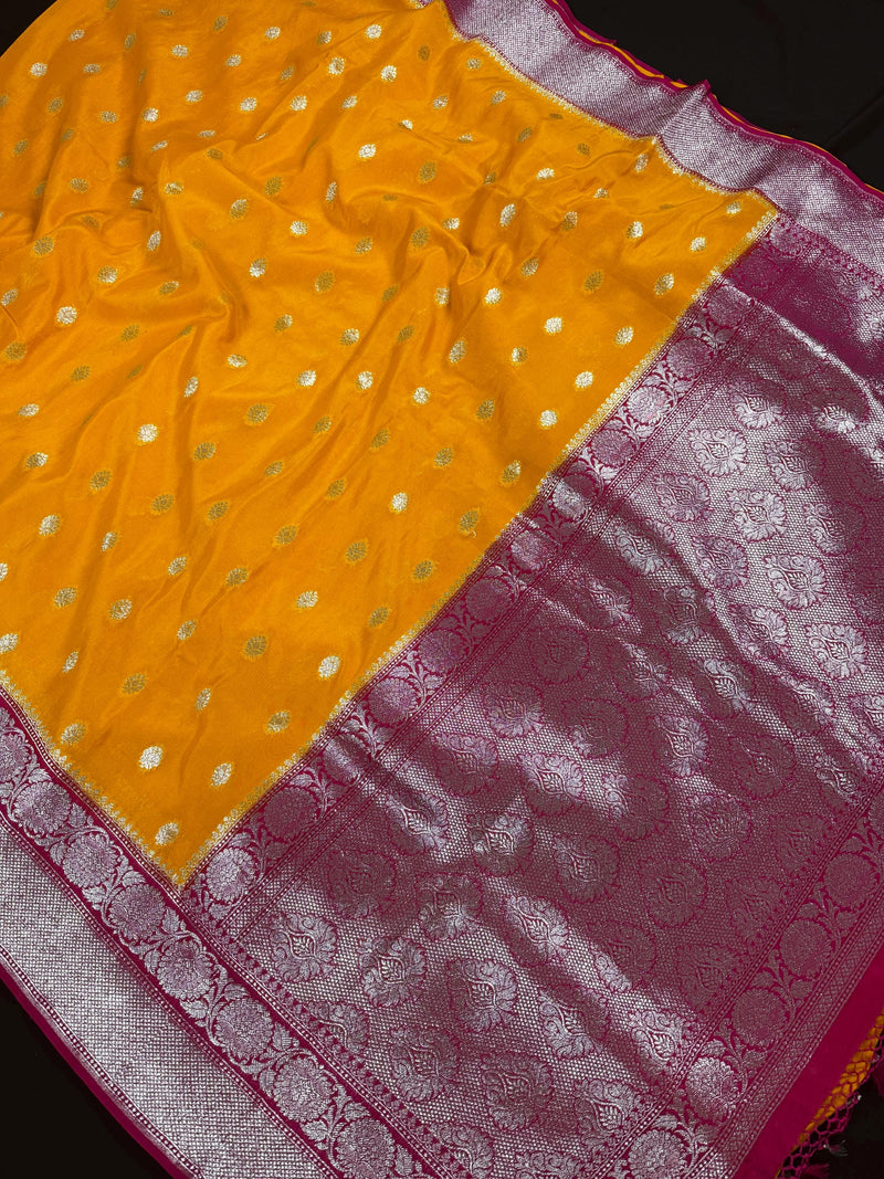 Turmeric Yellow Color Banarasi Soft with Georgette Blend Saree with Hot Pink Border and Pallu | Sliver Zari Weave