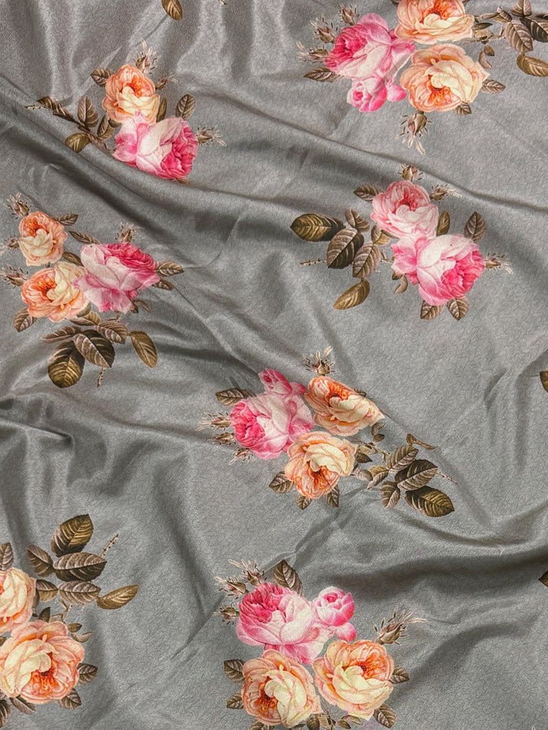 Slate Grey Color Floral Print Saree with Lucknowi Embroidery and Crochet Lace Work | Satin Silk Saree | Floral Saree | Kaash Collection