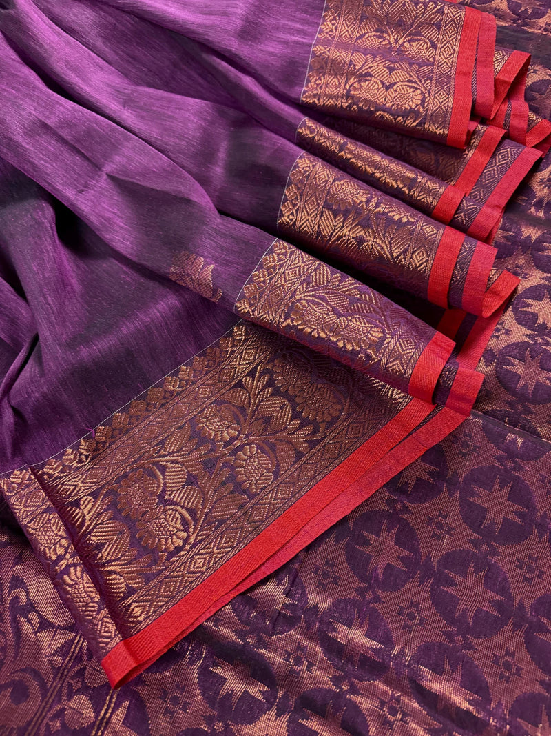 Eggplant Purple Color Handloom Bengal Linen Silk Saree with Red Borders and Cooper Zari Weaving  | Linen Saree  | Handwoven Sarees
