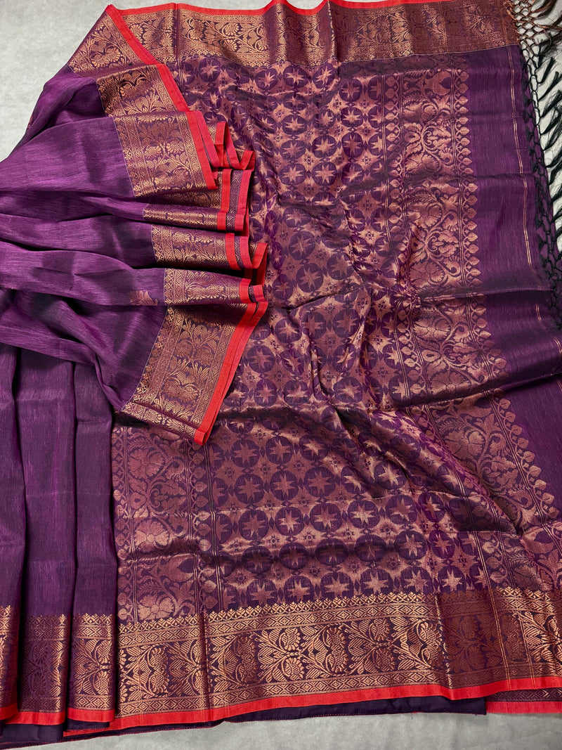Eggplant Purple Color Handloom Bengal Linen Silk Saree with Red Borders and Cooper Zari Weaving  | Linen Saree  | Handwoven Sarees