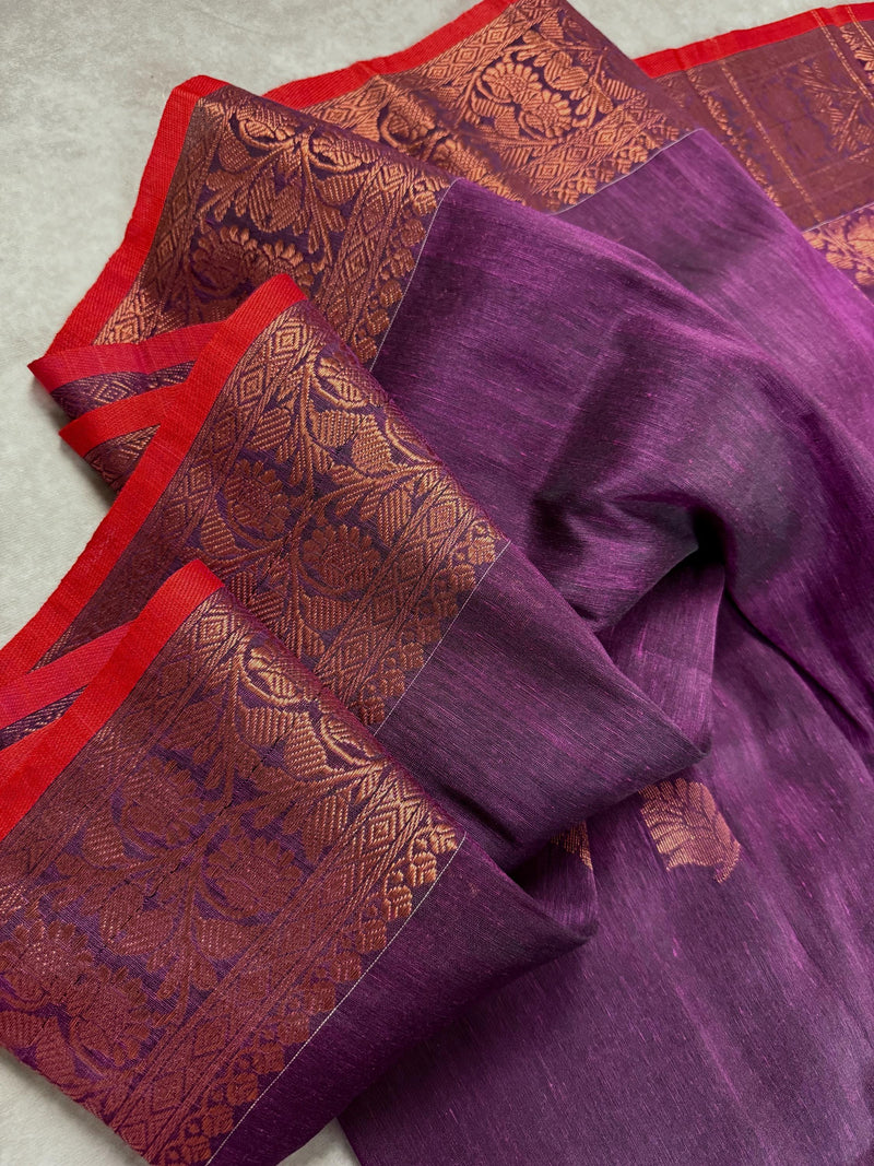 Eggplant Purple Color Handloom Bengal Linen Silk Saree with Red Borders and Cooper Zari Weaving  | Linen Saree  | Handwoven Sarees