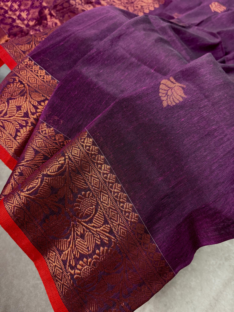 Eggplant Purple Color Handloom Bengal Linen Jamdani Silk Saree with Red Borders and Cooper Zari Weaving  | Linen Saree  | Handwoven Sarees