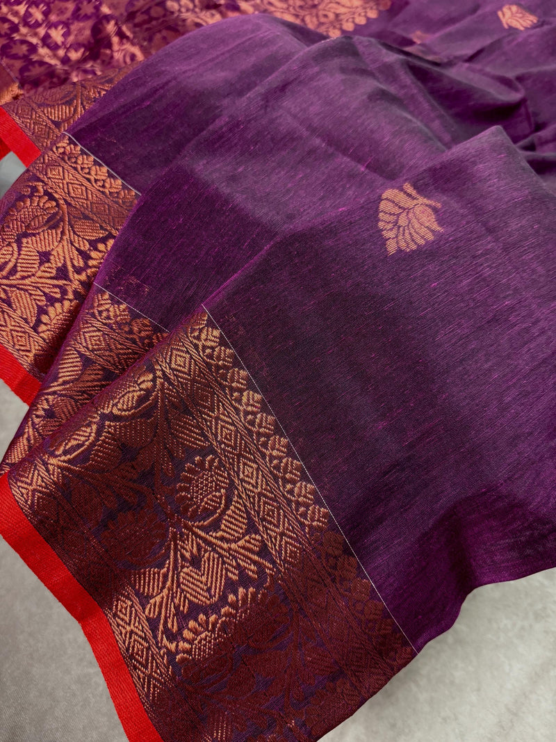 Eggplant Purple Color Handloom Bengal Linen Silk Saree with Red Borders and Cooper Zari Weaving  | Linen Saree  | Handwoven Sarees