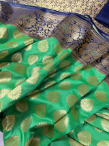 Parrot Green Handloom Banarasi Silk Saree with Muted Gold Zari Weave