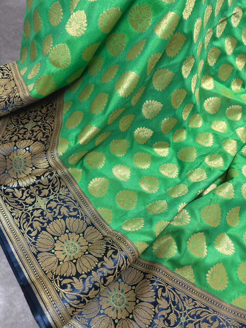 Parrot Green Handloom Banarasi Silk Saree with Muted Gold Zari Weave