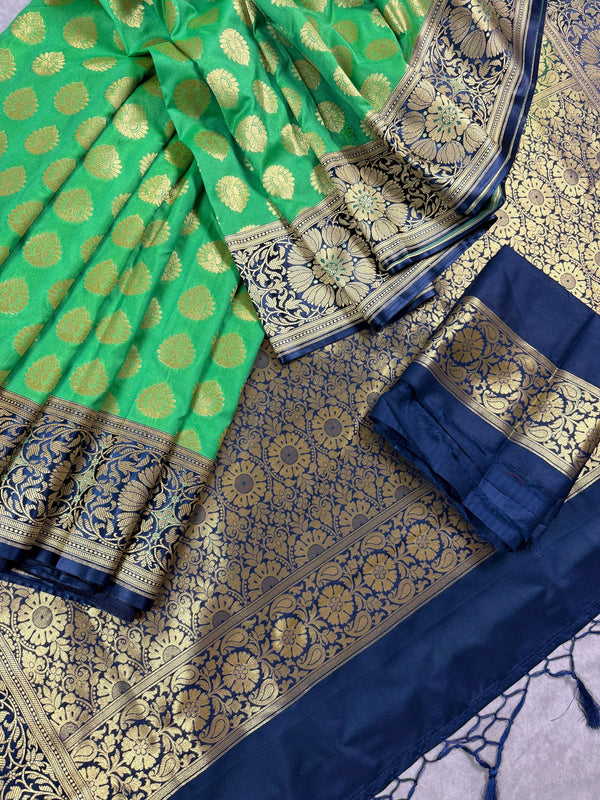 Parrot Green Handloom Banarasi Silk Saree with Muted Gold Zari Weave