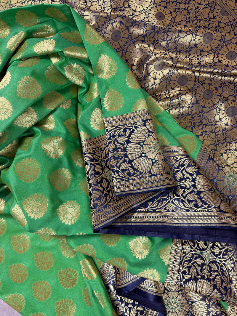 Parrot Green Handloom Banarasi Silk Saree with Muted Gold Zari Weave