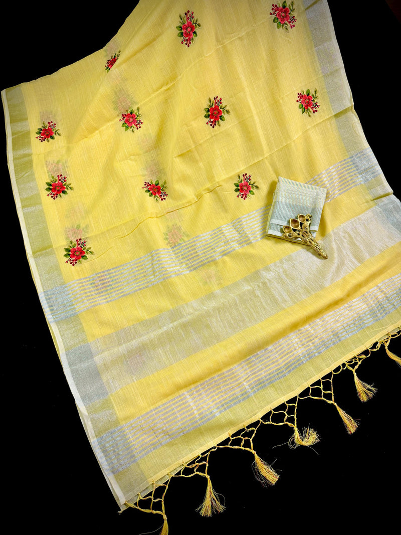 Lemon Yellow Color Linen Silk Saree with Floral Embroidery with Zari Work  | Linen Saree | Embroidery Saree