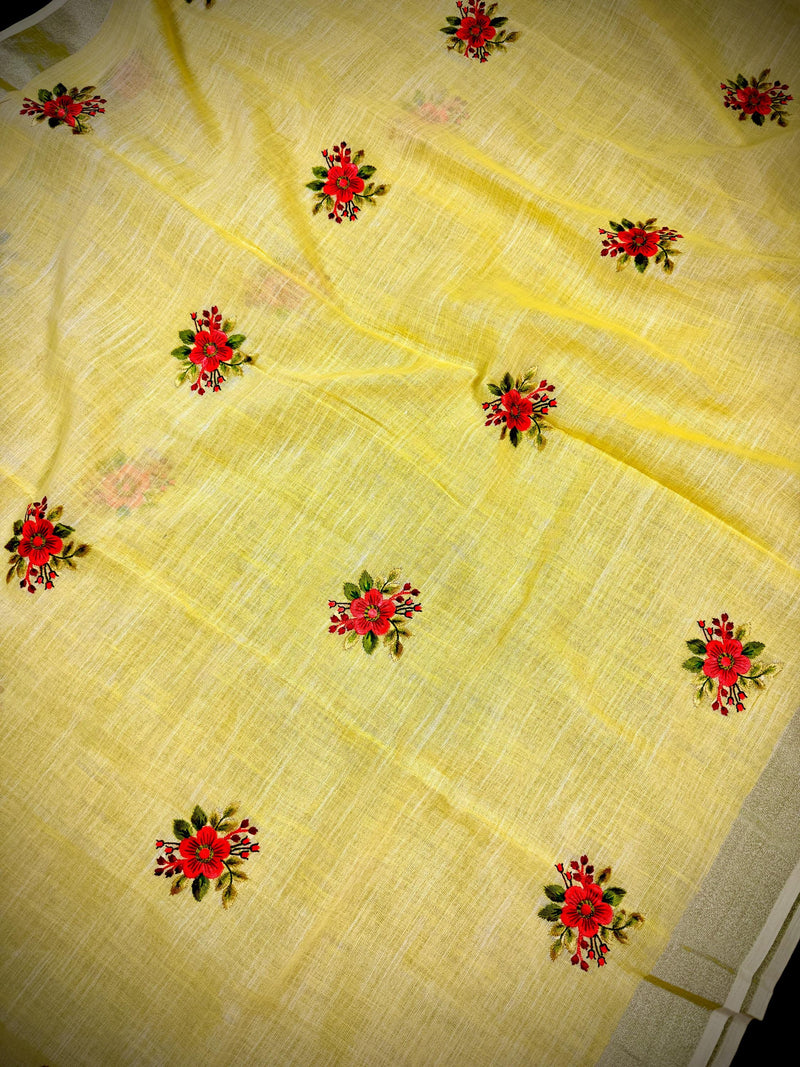 Lemon Yellow Color Linen Silk Saree with Floral Embroidery with Zari Work  | Linen Saree | Embroidery Saree