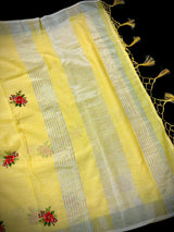 Lemon Yellow Color Linen Silk Saree with Floral Embroidery with Zari Work  | Linen Saree | Embroidery Saree