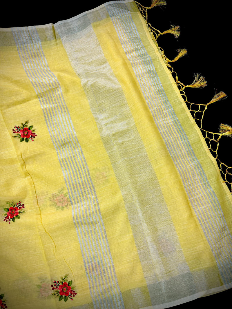Lemon Yellow Color Linen Silk Saree with Floral Embroidery with Zari Work  | Linen Saree | Embroidery Saree