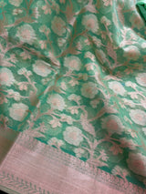 Pastel Sea Greeb Color Soft Organza Kora Silk Saree Saree with Sliver and Gold Zari | Banarasi Light Weight and Soft Saree