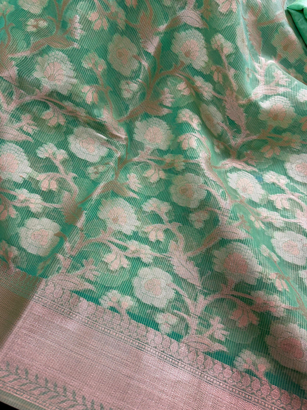 Pastel Sea Greeb Color Soft Organza Kora Silk Saree Saree with Sliver and Gold Zari | Banarasi Light Weight and Soft Saree