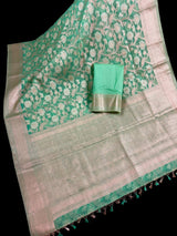 Pastel Sea Greeb Color Soft Organza Kora Silk Saree Saree with Sliver and Gold Zari | Banarasi Light Weight and Soft Saree
