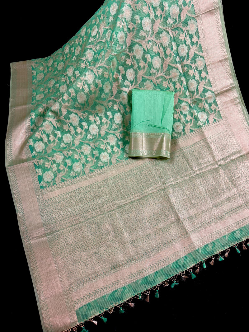 Pastel Sea Greeb Color Soft Organza Kora Silk Saree Saree with Sliver and Gold Zari | Banarasi Light Weight and Soft Saree