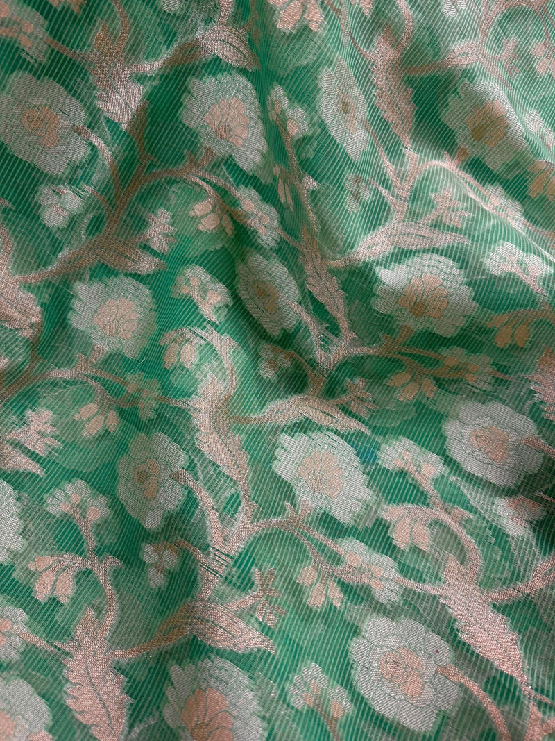 Pastel Sea Greeb Color Soft Organza Kora Silk Saree Saree with Sliver and Gold Zari | Banarasi Light Weight and Soft Saree