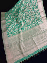 Pastel Sea Greeb Color Soft Organza Kora Silk Saree Saree with Sliver and Gold Zari | Banarasi Light Weight and Soft Saree