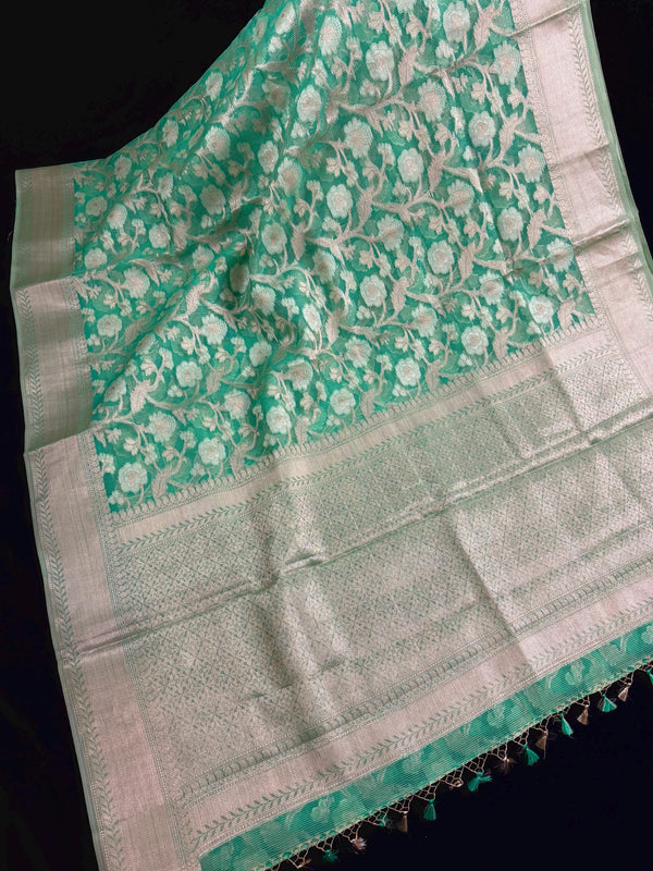 Pastel Sea Greeb Color Soft Organza Kora Silk Saree Saree with Sliver and Gold Zari | Banarasi Light Weight and Soft Saree
