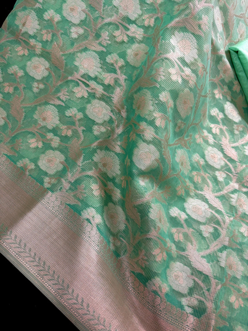 Pastel Sea Greeb Color Soft Organza Kora Silk Saree Saree with Sliver and Gold Zari | Banarasi Light Weight and Soft Saree