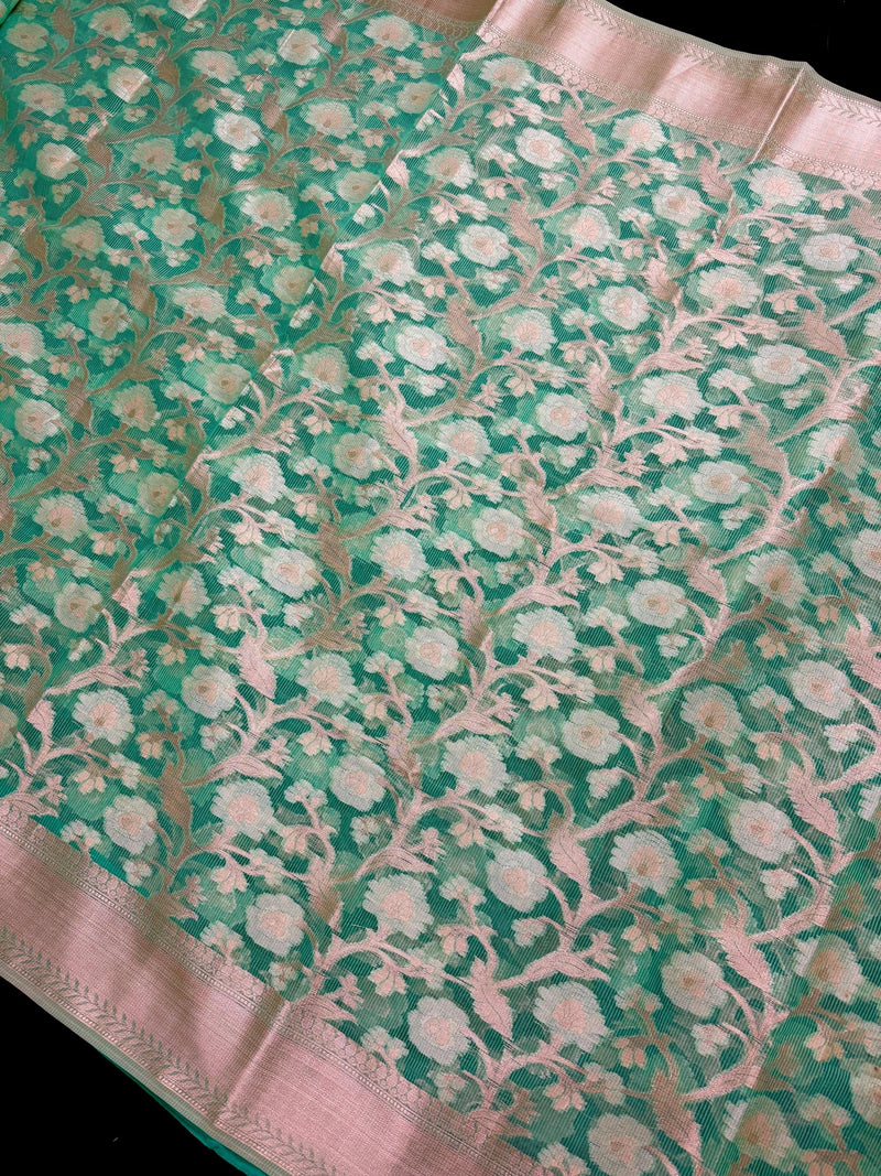 Pastel Sea Greeb Color Soft Organza Kora Silk Saree Saree with Sliver and Gold Zari | Banarasi Light Weight and Soft Saree