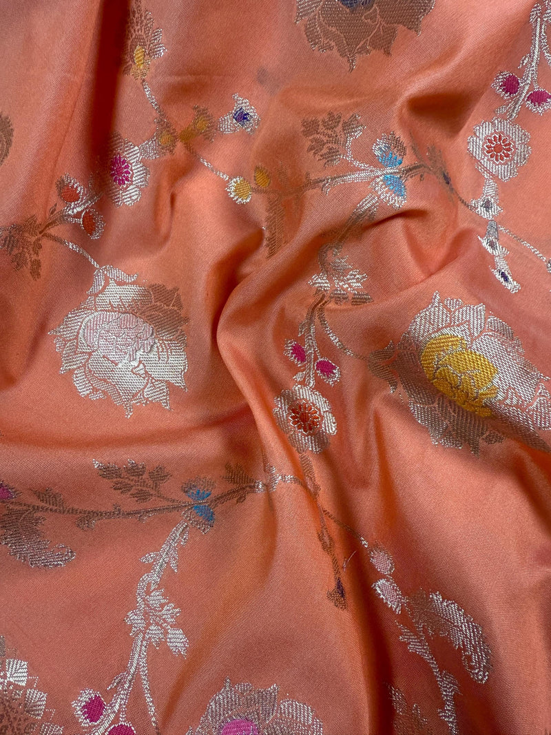 Statement Handmade Pastel Peach Banarasi Semi Katan Silk Saree with Meenakari and Muted Gold Zari Weave