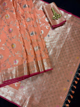 Statement Handmade Pastel Peach Banarasi Semi Katan Silk Saree with Meenakari and Muted Gold Zari Weave