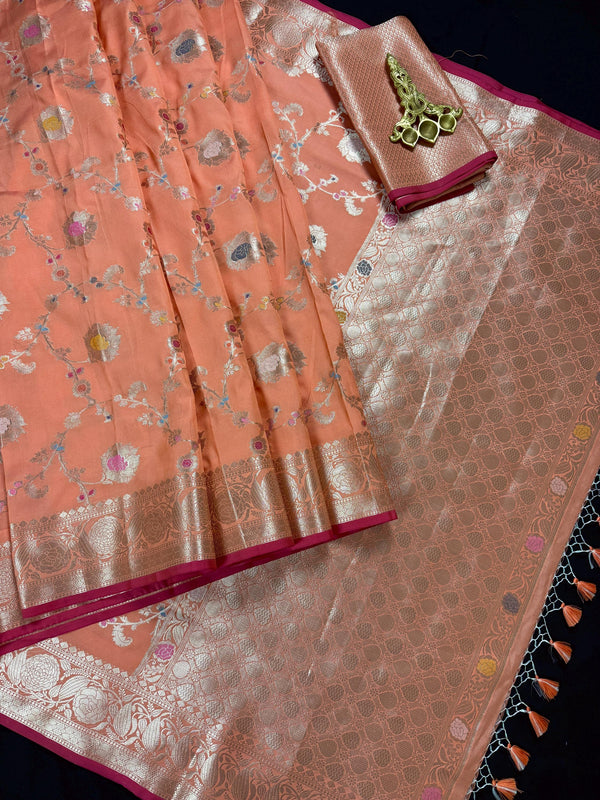 Statement Handmade Pastel Peach Banarasi Semi Katan Silk Saree with Meenakari and Muted Gold Zari Weave