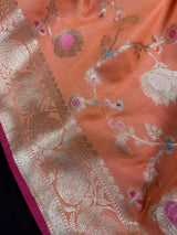 Statement Handmade Pastel Peach Banarasi Semi Katan Silk Saree with Meenakari and Muted Gold Zari Weave
